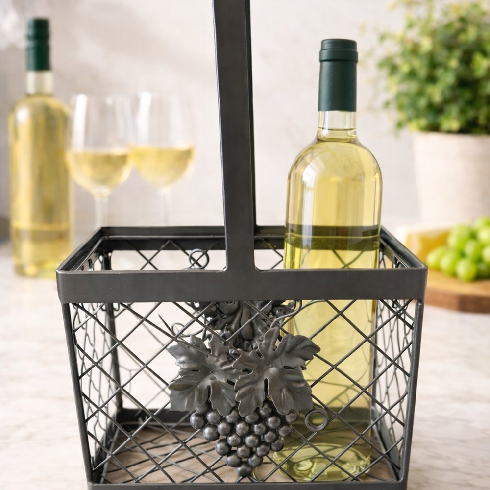 Metal Wine Bottle Caddy Grapevine Basket Tuscan Kitchen Decor Rustic Bar Holder - Picture 2 of 8